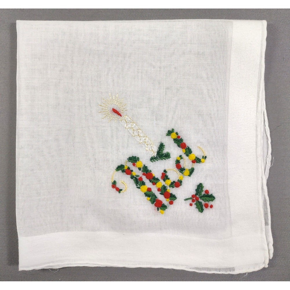 Vintage Christmas Noel Handkerchief 12 x 12 Embroidered Holiday Candle